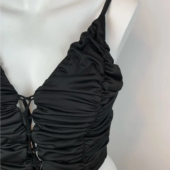 SHEIN Black V-Neck Ruched Lace-Up Crop Top- S - Picture 3 of 11